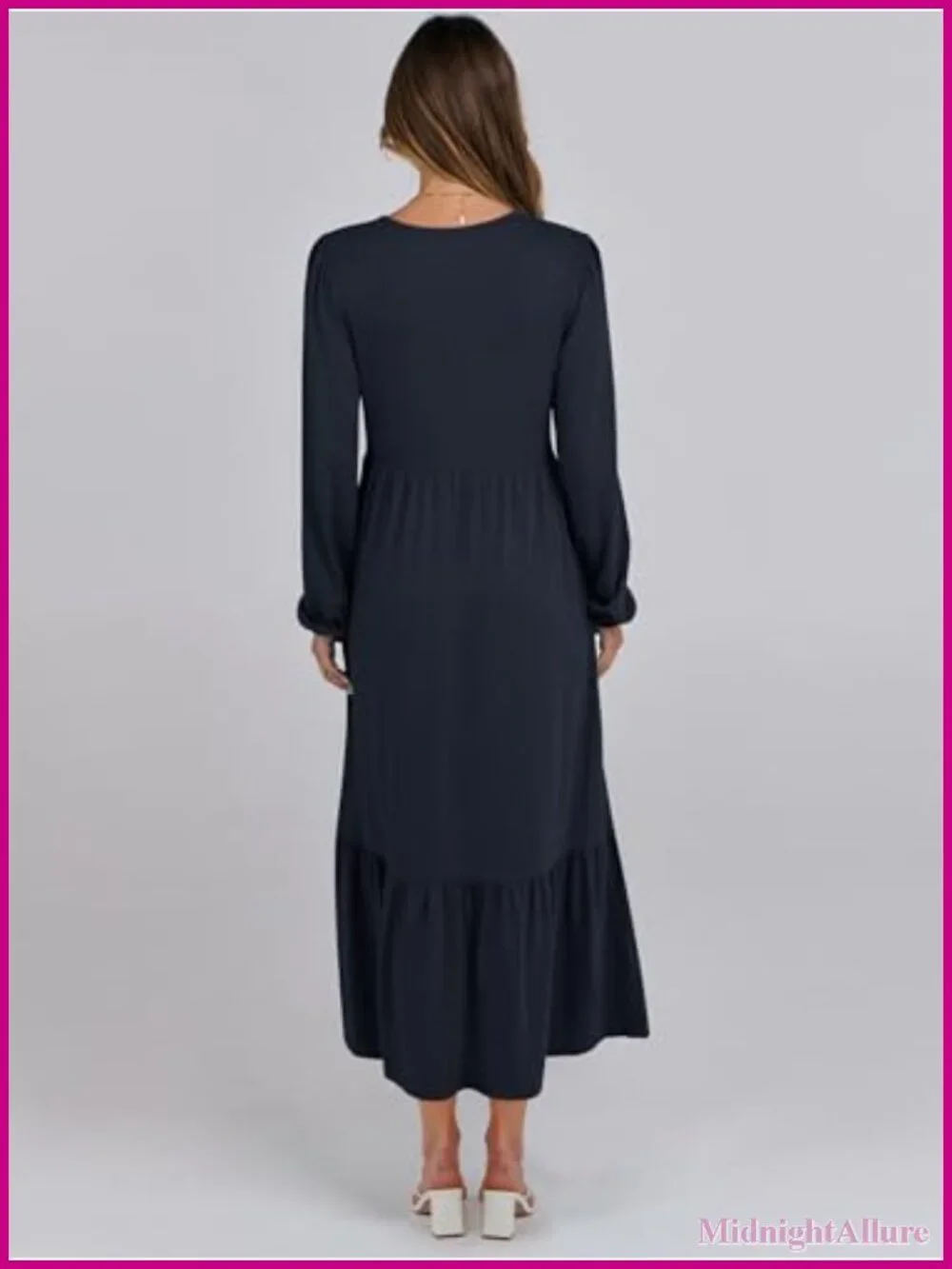 Flowy Tiered Midi Dress Long Sleeve A-Line Cotton Blend with Pockets